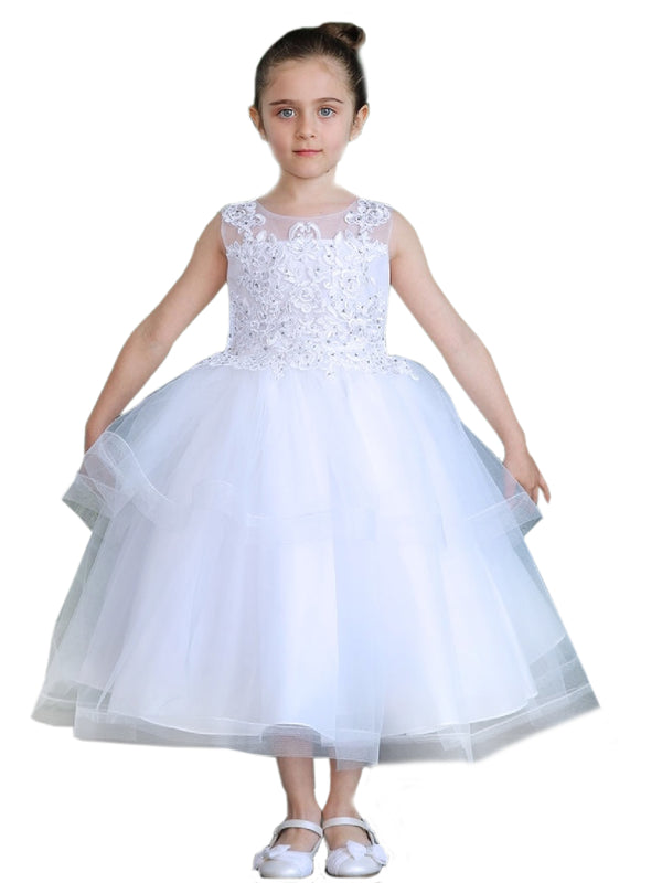 Big Girls White Illusion Neckline Lace Organza Junior Bridesmaid Dress 8-16 - SophiasStyle.com